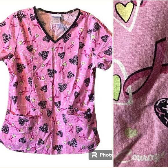 Scrub Star Top X Small Cancer Awareness Pink Ribbon Front Pockets Cap Sleeve - Picture 1 of 8